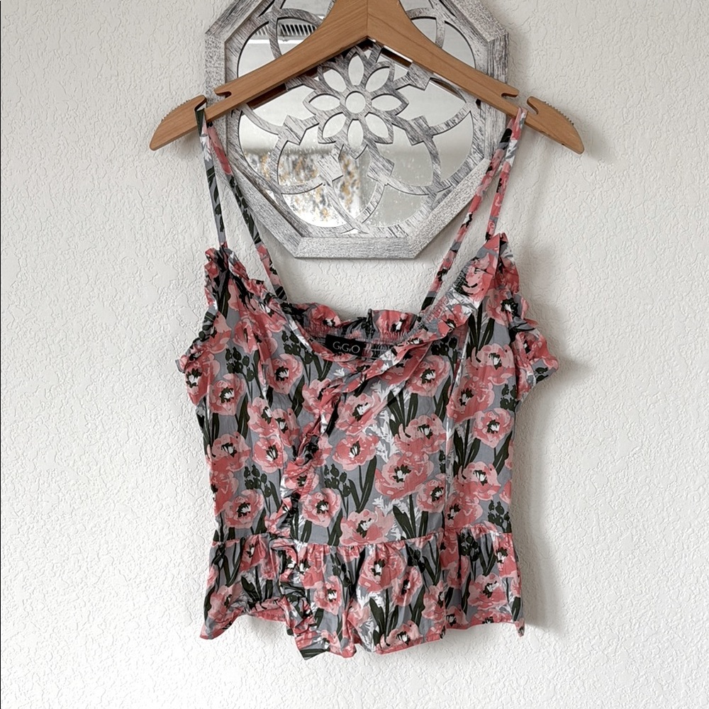 GiGiO • Pink Floral Ruffle Peplum Cami Tank Top Spaghetti Strap Cottagecore